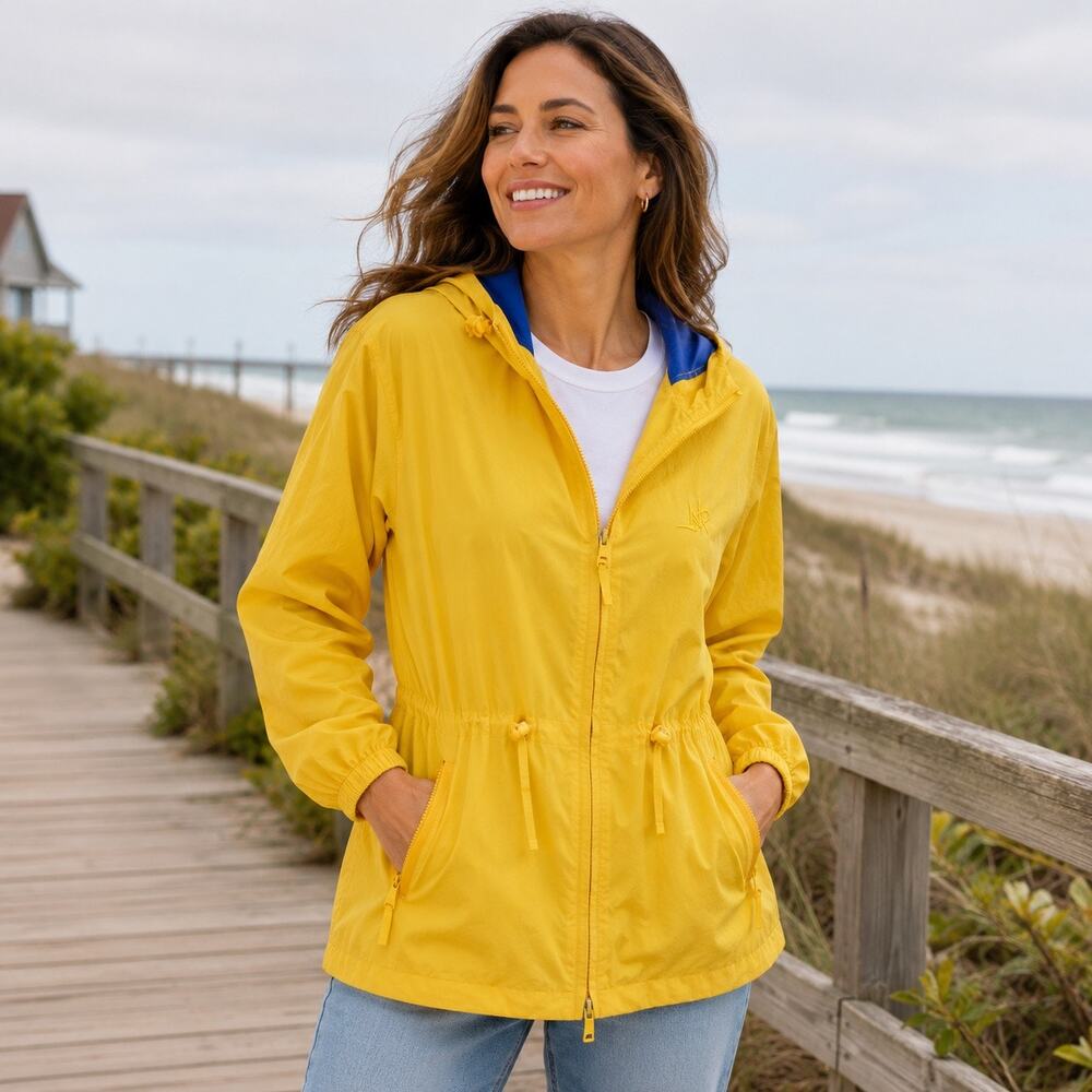 Cottage Essentials Yellow Hooded Windbreaker Drawstring Coastal Rain Jacket L